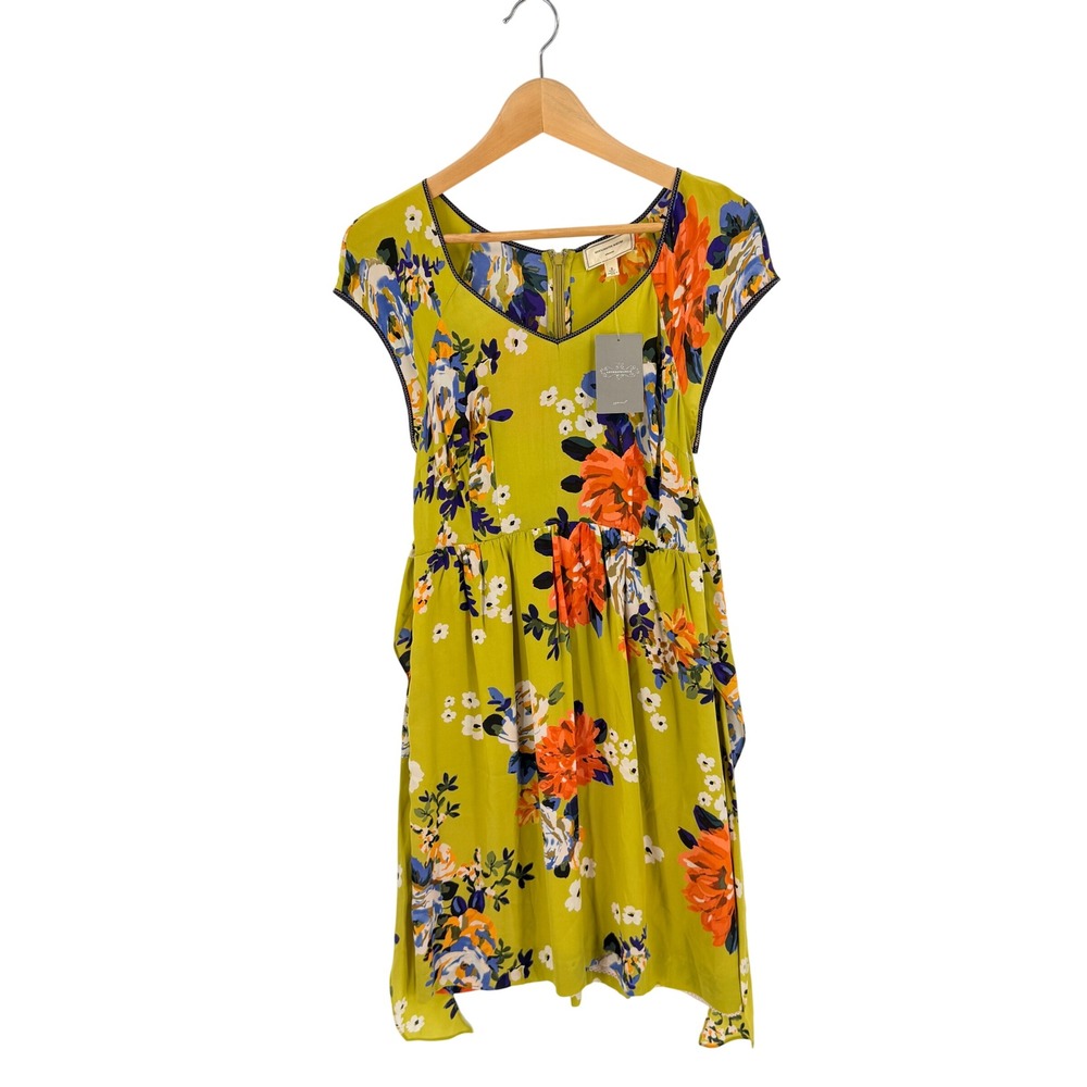 Moulinette Soeurs Dress Yellow 6 100% Silk Floral Anthropologie Botanical